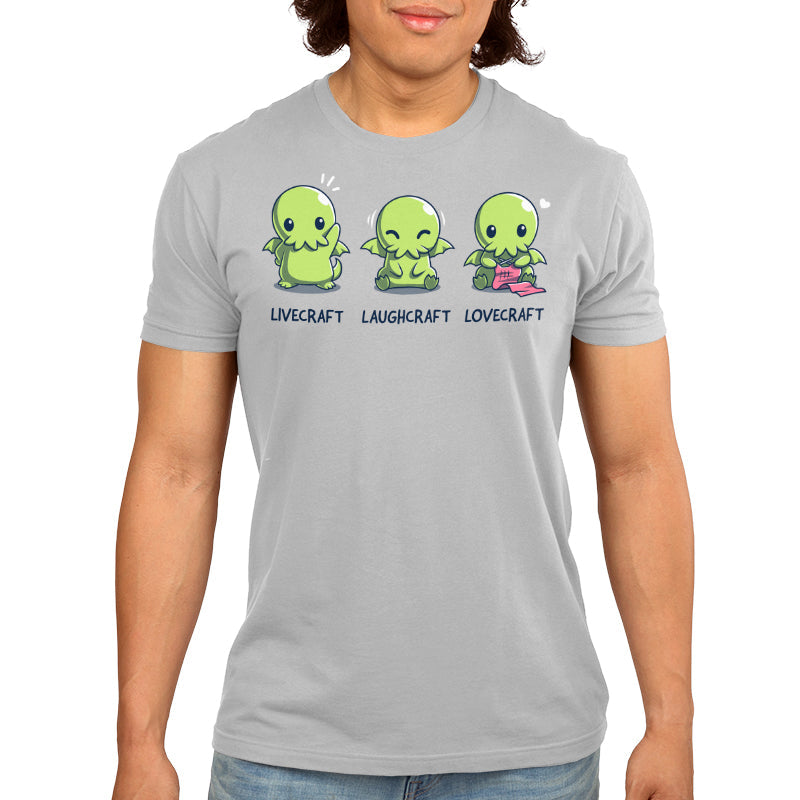 Premium Cotton T-shirt_TeeTurtle silver gray Livecraft, Laughcraft, Lovecraft. Featuring a chibi Cthulhu waving, laughing, and crafting.