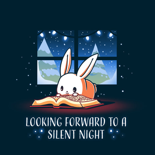 Premium Cotton T-shirt_TeeTurtle navy blue Looking Forward to a Silent Night. Featuring a reading bunny with a snowy forest outside.