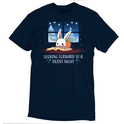 Premium Cotton T-shirt_TeeTurtle navy blue Looking Forward to a Silent Night. Featuring a reading bunny with a snowy forest outside.