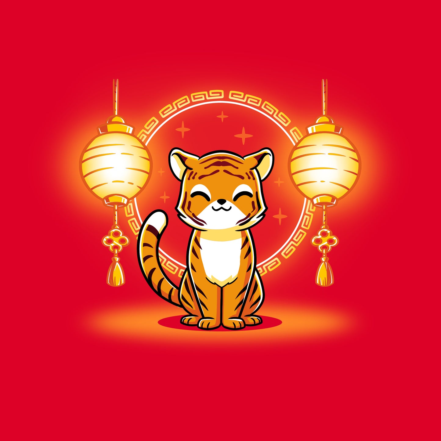 Premium Cotton T-shirt_Teeturtle Lunar New Year Tiger red t-shirt featuring a cute cartoon tiger sitting between a pair of Chinese New Year's paper lanterns.