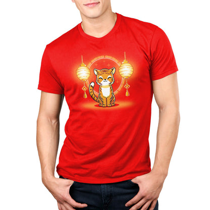 Premium Cotton T-shirt_Teeturtle Lunar New Year Tiger red t-shirt featuring a cute cartoon tiger sitting between a pair of Chinese New Year's paper lanterns.