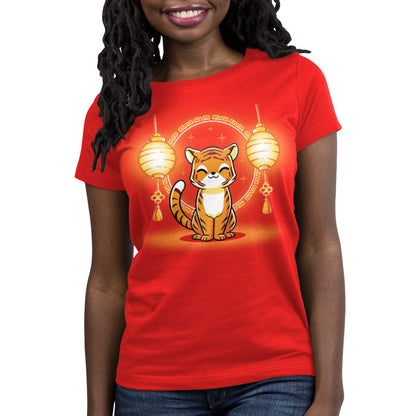 Premium Cotton T-shirt_Teeturtle Lunar New Year Tiger red t-shirt featuring a cute cartoon tiger sitting between a pair of Chinese New Year's paper lanterns.