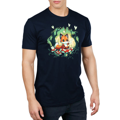 Premium Cotton T-shirt_TeeTurtle navy blue Magical Forest. Featuring a fox sitting on a toadstool in a forest with butterflies.