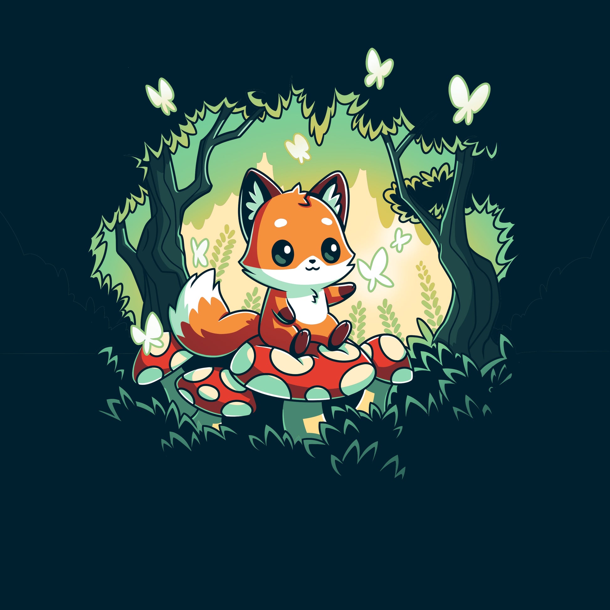 Premium Cotton T-shirt_TeeTurtle navy blue Magical Forest. Featuring a fox sitting on a toadstool in a forest with butterflies.