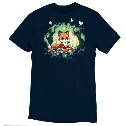 Premium Cotton T-shirt_TeeTurtle navy blue Magical Forest. Featuring a fox sitting on a toadstool in a forest with butterflies.