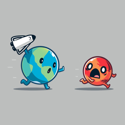 Premium Cotton T-shirt_TeeTurtle Mars Invasion silver gray t-shirt featuring an animated planet Earth holding a toy spaceship chasing an animated planet Mars planet who screams in space. 