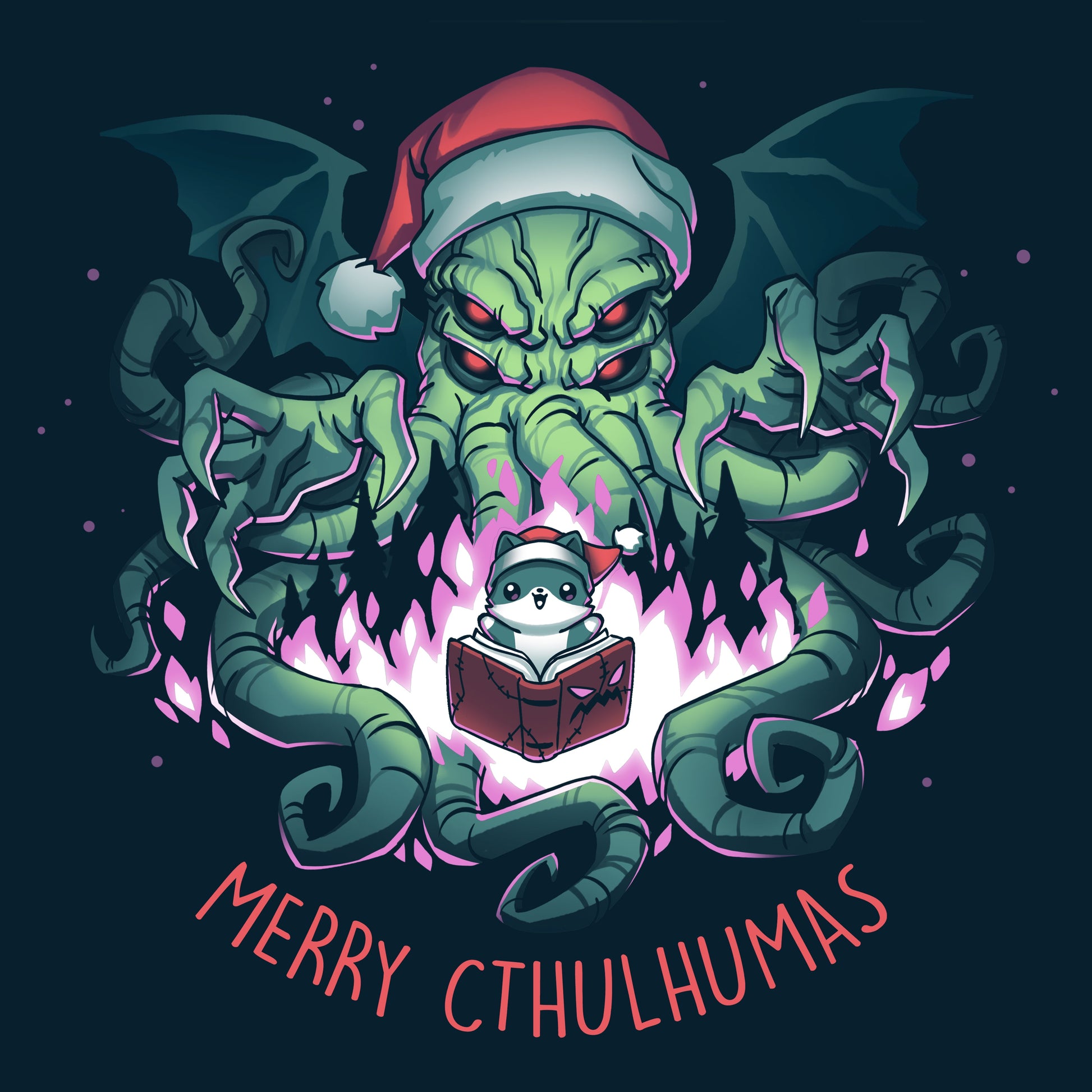 Premium Cotton T-shirt - featuring a big scary cthulhu showing its claws right above a cute little cat in a santa hat with a book open in front of it surrounded by purple fire