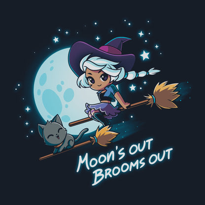 Premium Cotton T-shirt_TeeTurtle Moon's Out Brooms Out navy blue t-shirt featuring an illustration of a witch with light-gray hair, wearing a purple and dark-purple outfit and a dark purple witch's hat and a cartoon gray cat flying on two broom sticks past a full moon and starry sky. "Moon's OUT BROOMS OUT" is written underneath. 