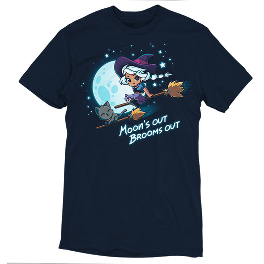 Premium Cotton T-shirt_TeeTurtle Moon's Out Brooms Out navy blue t-shirt featuring an illustration of a witch with light-gray hair, wearing a purple and dark-purple outfit and a dark purple witch's hat and a cartoon gray cat flying on two broom sticks past a full moon and starry sky. 