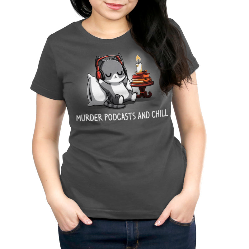 Premium Cotton T-shirt_TeeTurtle Murder Podcasts and Chill charcoal gray t-shirt featuring a cat wearing headphones, sitting next to a stack of books with a candle. Text reads "Murder Podcasts and Chill".