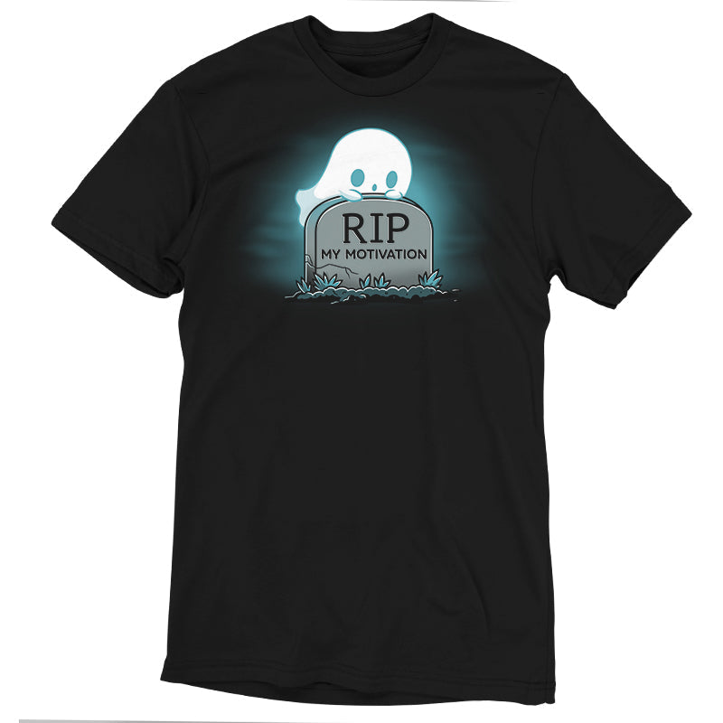 Premium Cotton T-shirt_Teeturtle My Motivation black t-shirt featuring a ghost peeking over a gravestone with the inscription "RIP My Motivation," set against a dark background with eerie blue lighting.