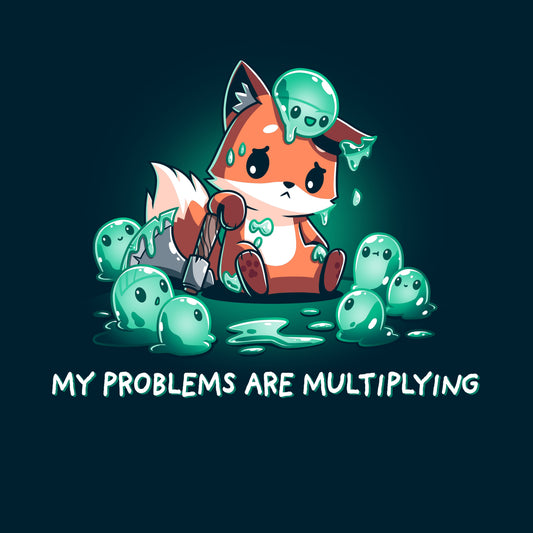 Premium Cotton T-shirt_TeeTurtle My Problems are Multiplying navy blue t-shirt featuring a sad fox holding an axe and surrounded by fantasy green slimes that are multiplying.