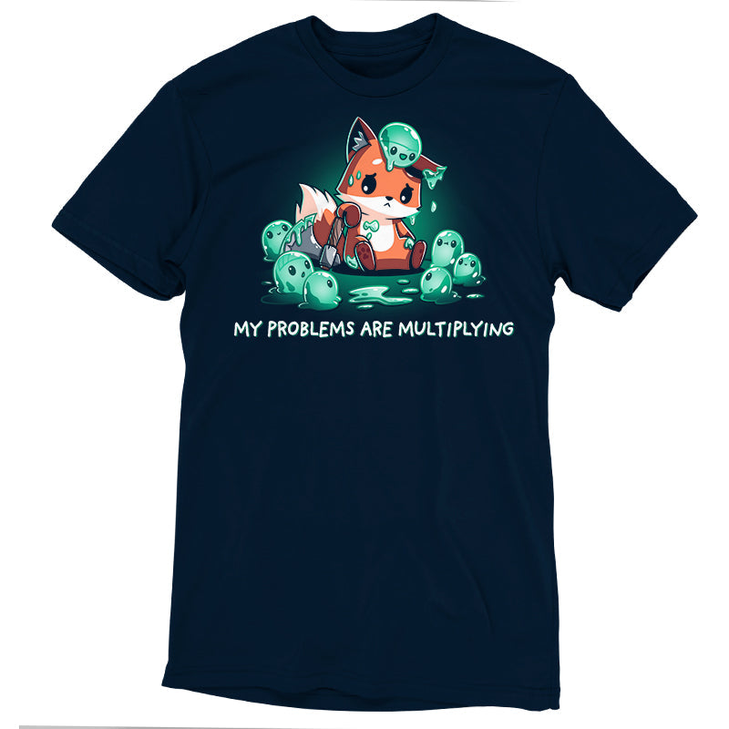 Premium Cotton T-shirt_TeeTurtle My Problems are Multiplying navy blue t-shirt featuring a sad fox holding an axe and surrounded by fantasy green slimes that are multiplying.