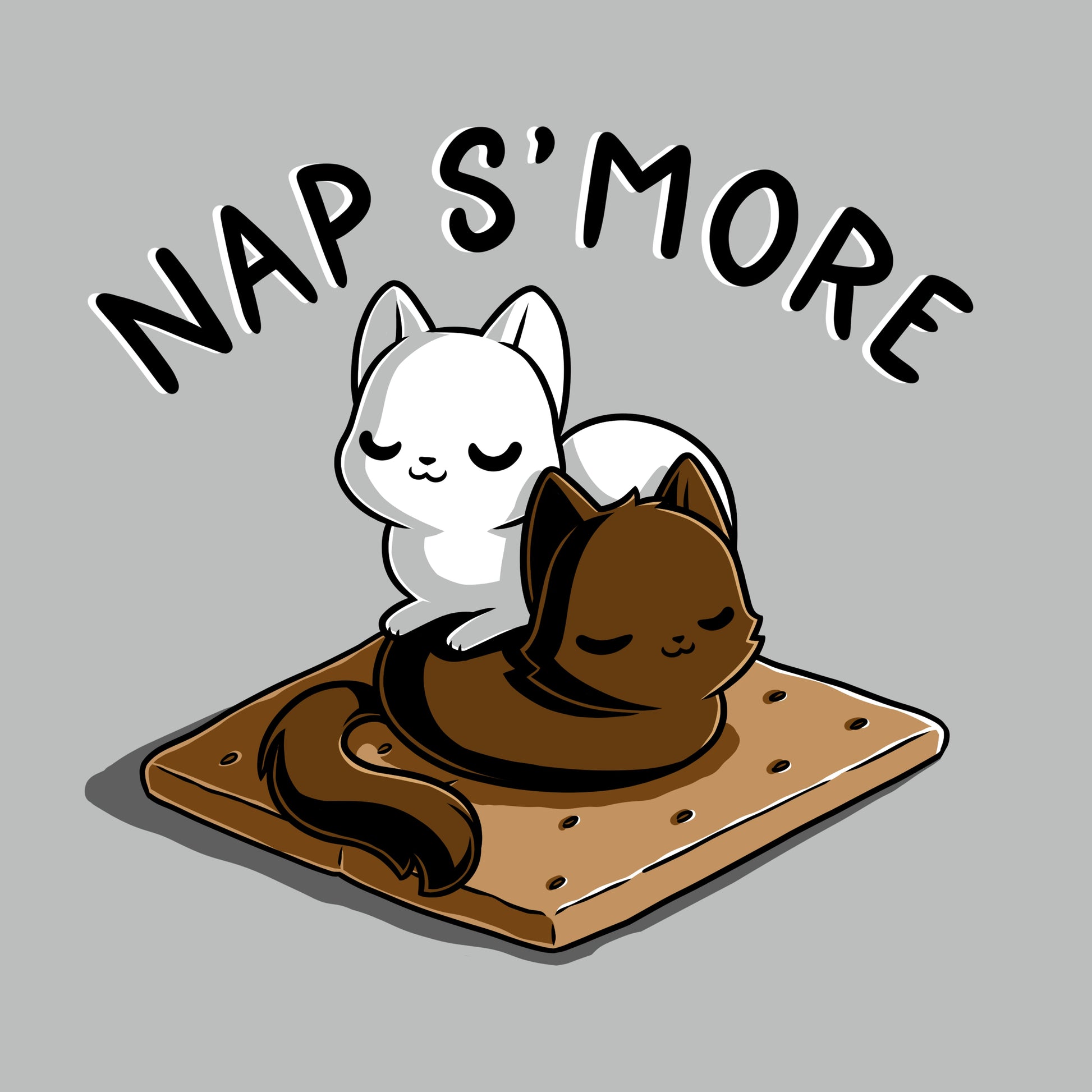 Premium Cotton T-shirt_TeeTurtle Nap S'more silver gray t-shirt featuring two cute cats, one white and one brown, who are peacefully sleeping on a graham cracker looking like our favorite dessert food s'mores. Text above them reads "NAP S'MORE". 