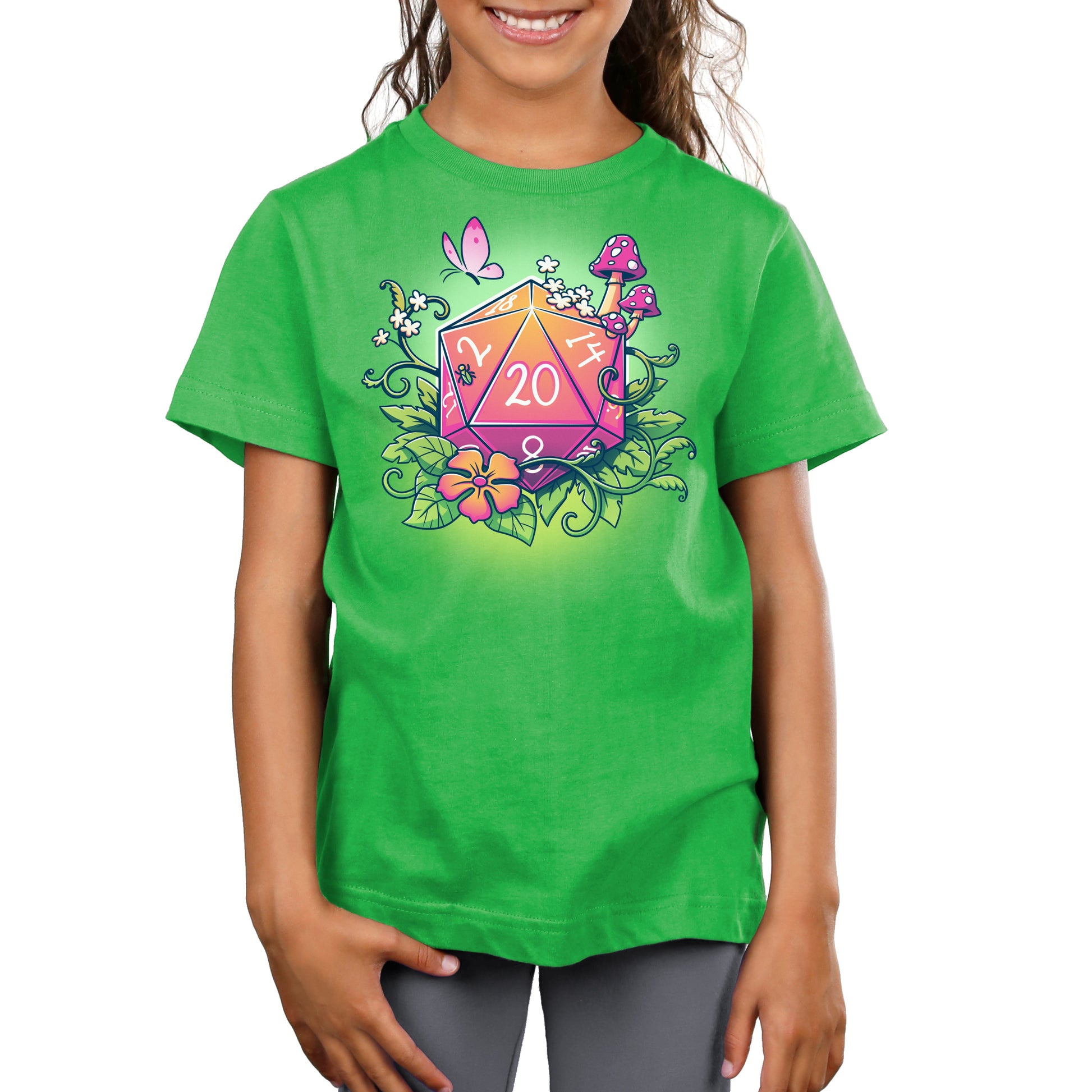 Premium Cotton T-shirt_TeeTurtle Natural 20 apple green t-shirt featuring a colorful 20-sided die surrounded by flowers, leaves, mushrooms, and a butterfly. 