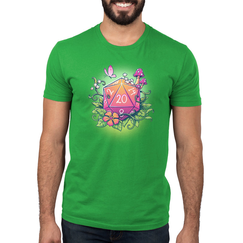 Premium Cotton T-shirt_TeeTurtle Natural 20 apple green t-shirt featuring a colorful 20-sided die surrounded by flowers, leaves, mushrooms, and a butterfly. 