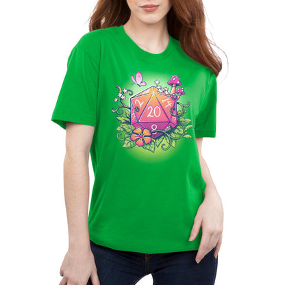 Premium Cotton T-shirt_TeeTurtle Natural 20 apple green t-shirt featuring a colorful 20-sided die surrounded by flowers, leaves, mushrooms, and a butterfly. 