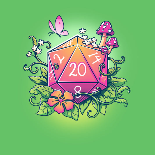 Premium Cotton T-shirt_TeeTurtle Natural 20 apple green t-shirt featuring a colorful 20-sided die surrounded by flowers, leaves, mushrooms, and a butterfly. 