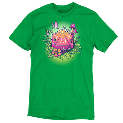 Premium Cotton T-shirt_TeeTurtle Natural 20 apple green t-shirt featuring a colorful 20-sided die surrounded by flowers, leaves, mushrooms, and a butterfly. 