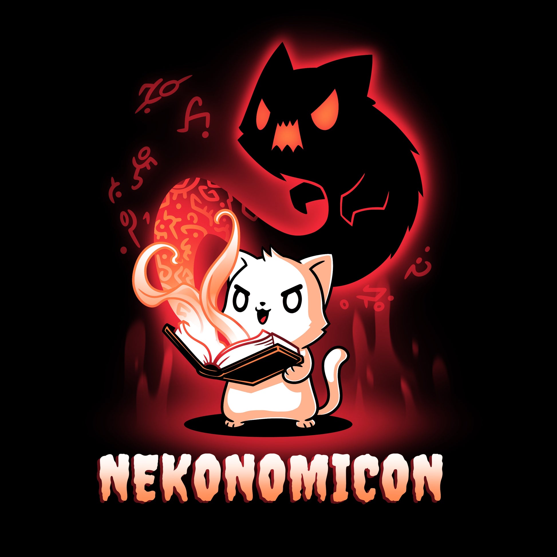 Premium Cotton T-shirt_TeeTurtle Nekonomicon black t-shirt featuring a cat holding an open book with glowing symbols and a shadowy feline figure emerging from it. The word "Nekonomicon" is displayed at the bottom.