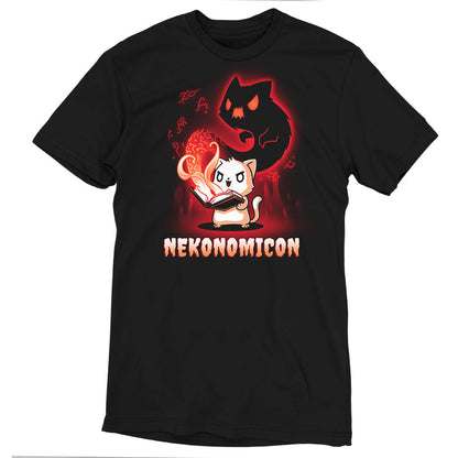 Premium Cotton T-shirt_TeeTurtle Nekonomicon black t-shirt featuring a cat holding an open book with glowing symbols and a shadowy feline figure emerging from it. The word "Nekonomicon" is displayed at the bottom.