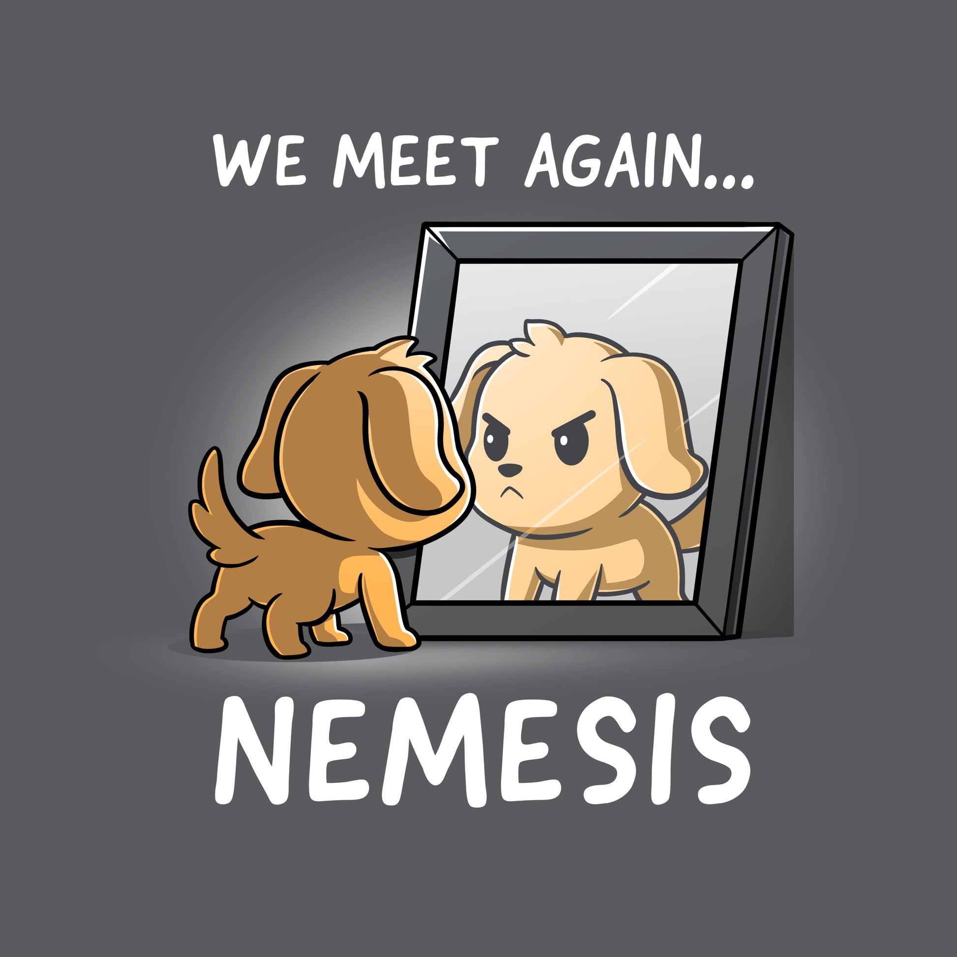 Premium Cotton T-shirt_TeeTurtle Nemesis charcoal gray t-shirt featuring a dog who’s looking bravely in the mirror at his reflection.