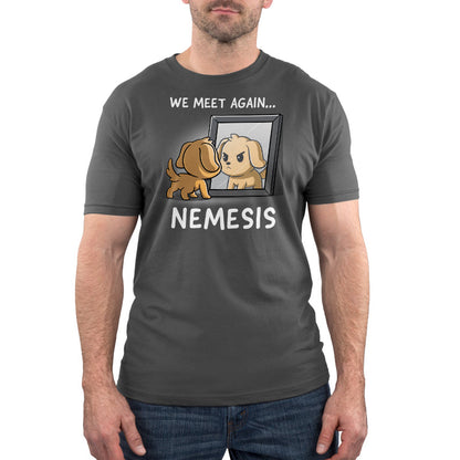 Premium Cotton T-shirt_TeeTurtle Nemesis charcoal gray t-shirt featuring a dog who’s looking bravely in the mirror at his reflection.