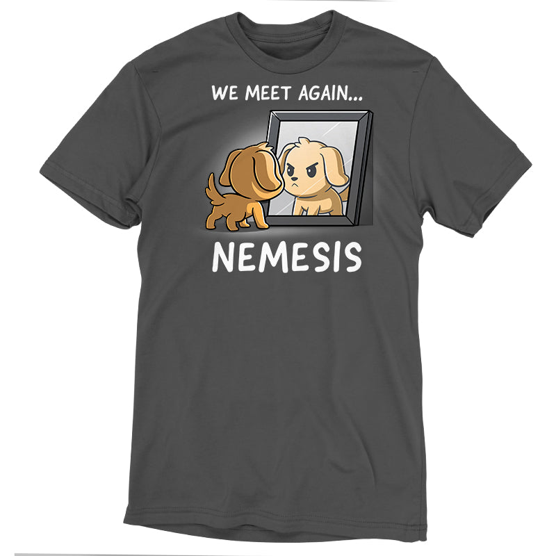 Premium Cotton T-shirt_TeeTurtle Nemesis charcoal gray t-shirt featuring a dog who’s looking bravely in the mirror at his reflection.