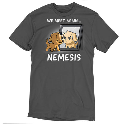 Premium Cotton T-shirt_TeeTurtle Nemesis charcoal gray t-shirt featuring a dog who’s looking bravely in the mirror at his reflection.