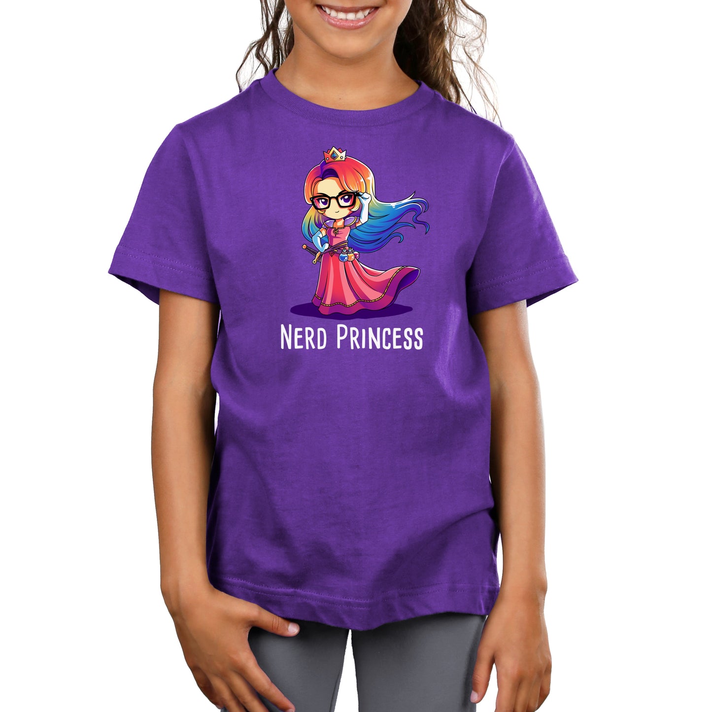 Premium Cotton T-shirt_TeeTurtle purple Nerd Princess. Featuring a fantasy princess with rainbow hair.