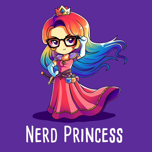 Premium Cotton T-shirt_TeeTurtle purple Nerd Princess. Featuring a fantasy princess with rainbow hair.