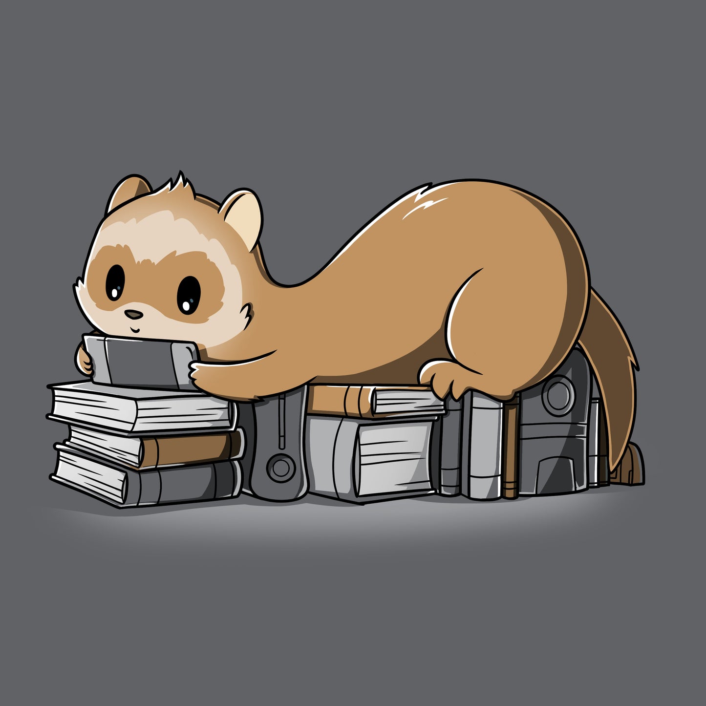 Premium Cotton T-shirt_TeeTurtle Nerdy and Proud charcoal gray t-shirt featuring a ferret laying on books and game consoles, playing a handheld game system.