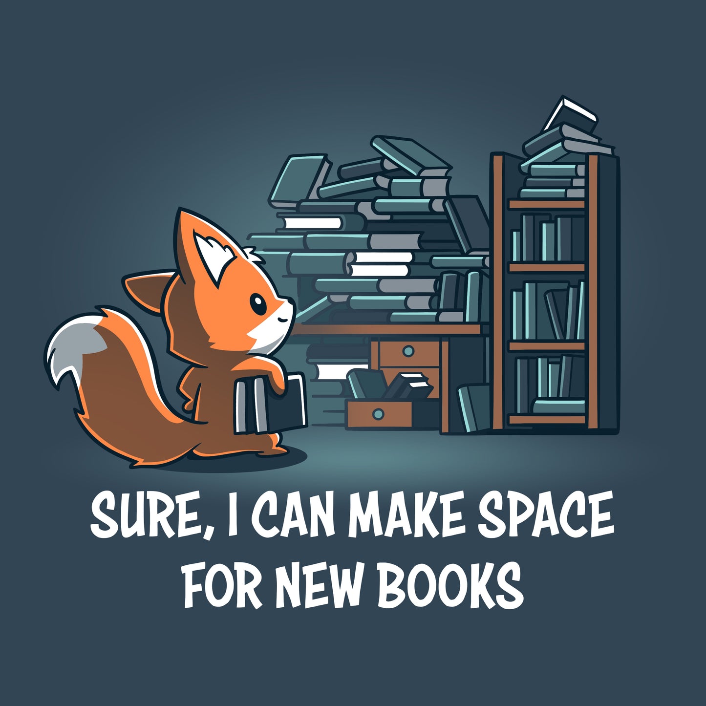 Premium Cotton T-shirt - Cartoon fox beside a pile of books, wearing a monsterdigital Never-Ending Bookshelf ringspun cotton unisex tee, with a text bubble saying "sure, I can make space for new books" against a dark background.