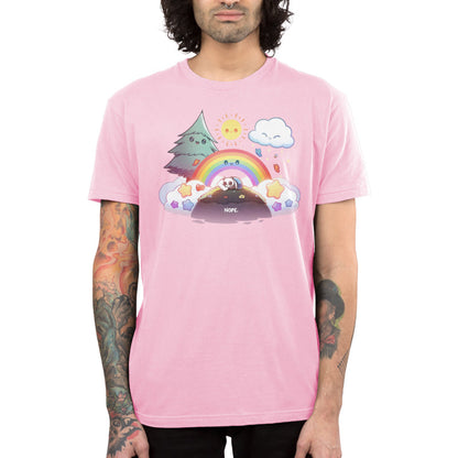 Premium Cotton T-shirt_TeeTurtle light pink Nope Panda apparel featuring a panda on a hill curled up in a blanket with a happy tree, rainbow, cloud, and sun waiting for it to wake up.