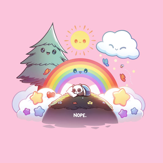 Premium Cotton T-shirt_TeeTurtle light pink Nope Panda apparel featuring a panda on a hill curled up in a blanket with a happy tree, rainbow, cloud, and sun waiting for it to wake up.