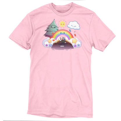 Premium Cotton T-shirt_TeeTurtle light pink Nope Panda apparel featuring a panda on a hill curled up in a blanket with a happy tree, rainbow, cloud, and sun waiting for it to wake up.