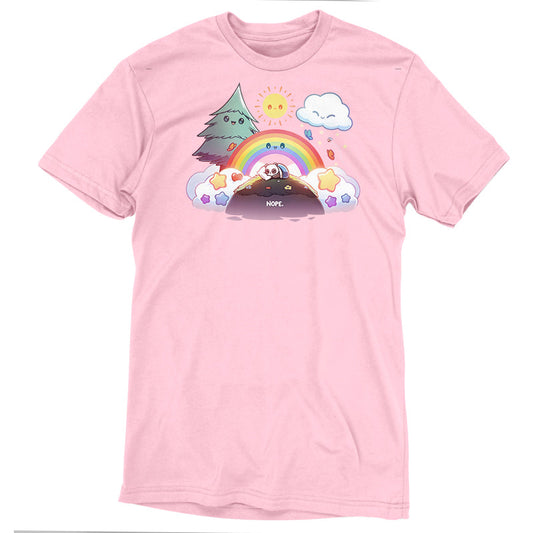 Premium Cotton T-shirt_TeeTurtle light pink Nope Panda apparel featuring a panda on a hill curled up in a blanket with a happy tree, rainbow, cloud, and sun waiting for it to wake up.