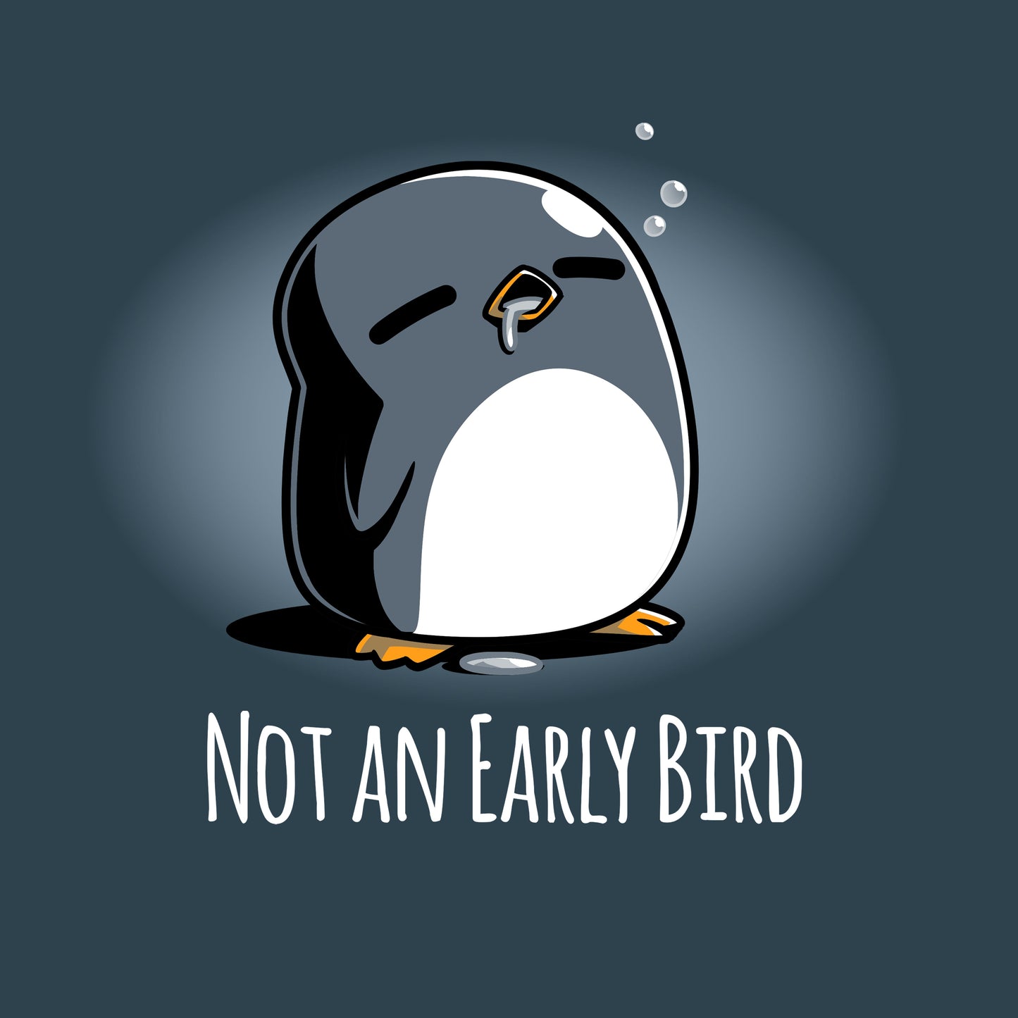 Premium Cotton T-shirt_TeeTurtle Not an Early Bird denim blue t-shirt featuring a sleepy penguin with closed eyes and bubbles above its head, accompanied by the text "Not an Early Bird."