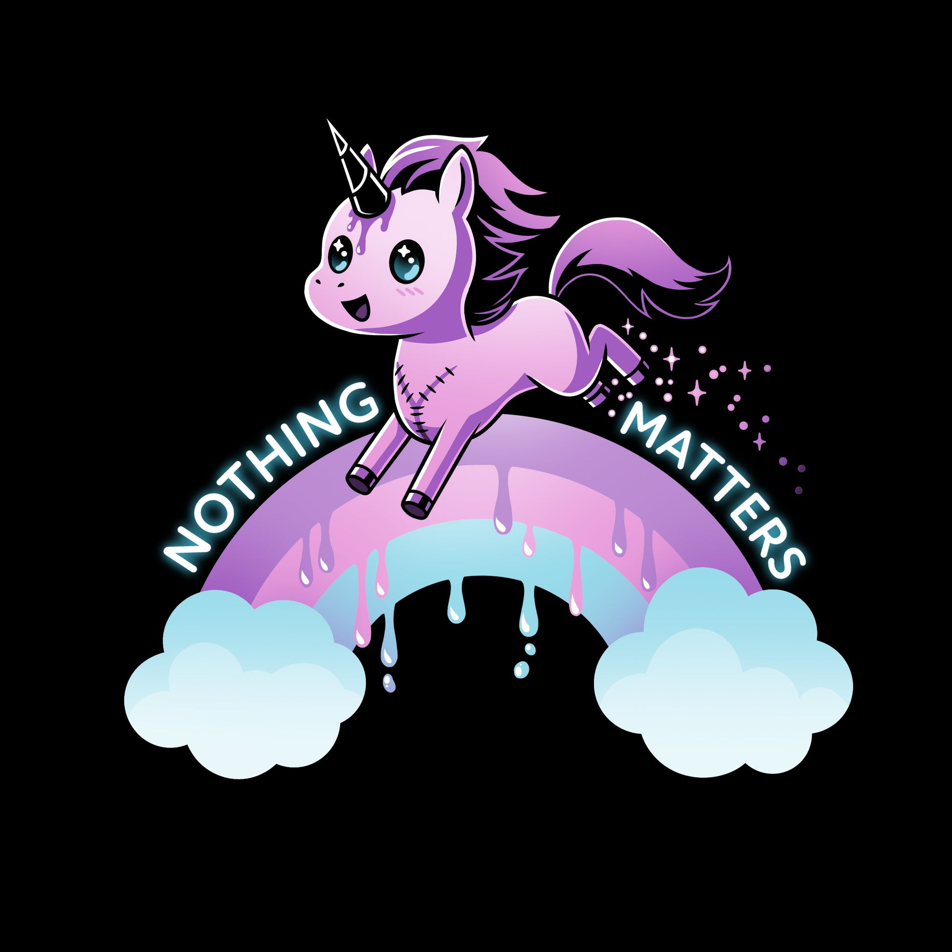 Premium Cotton T-shirt_TeeTurtle Nothing Matters (Unicorn) black t-shirt featuring a purple unicorn jumping over a drippy rainbow.