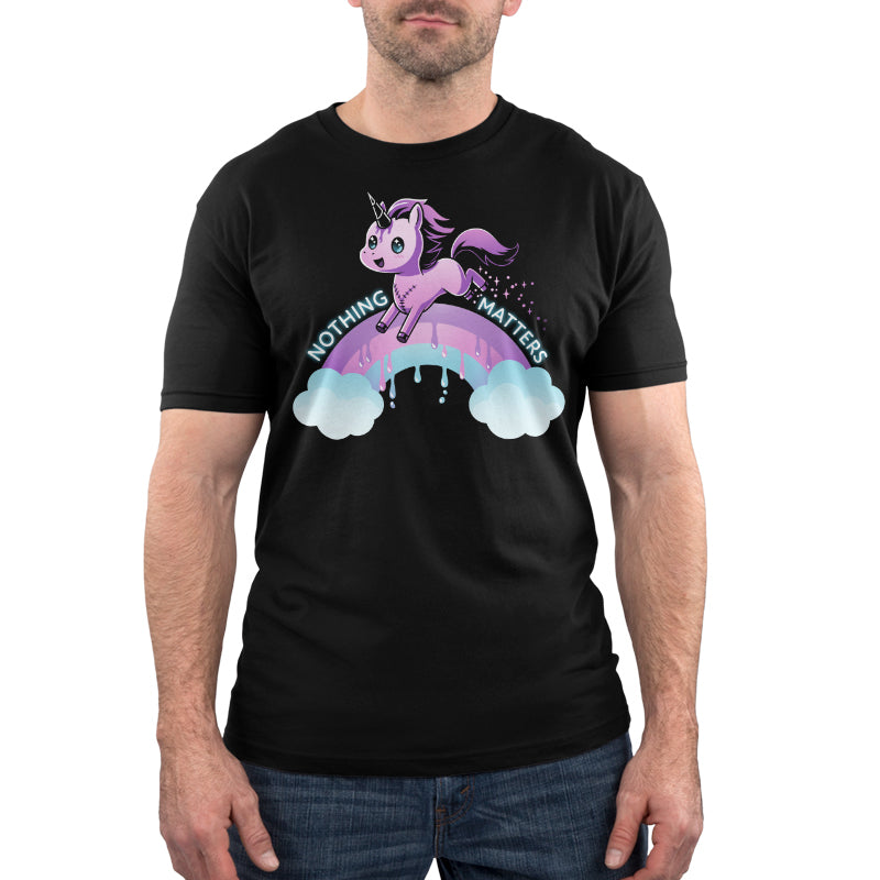 Premium Cotton T-shirt_TeeTurtle Nothing Matters (Unicorn) black t-shirt featuring a purple unicorn jumping over a drippy rainbow.