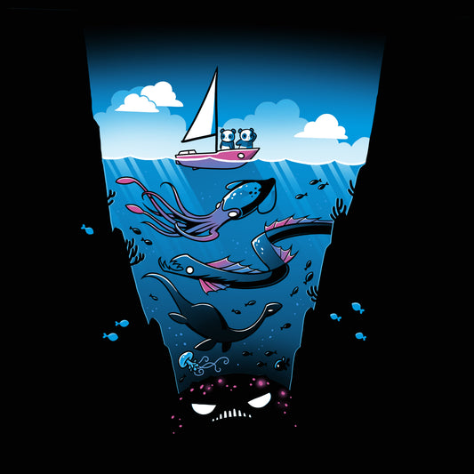 Premium Cotton T-shirt_Teeturtle Nothing to Sea Here Black Featuring two pandas on a sailboat floating over and ocean full of strange, unknown creatures including a giant squid, a sea serpent and a Plesiousaur.