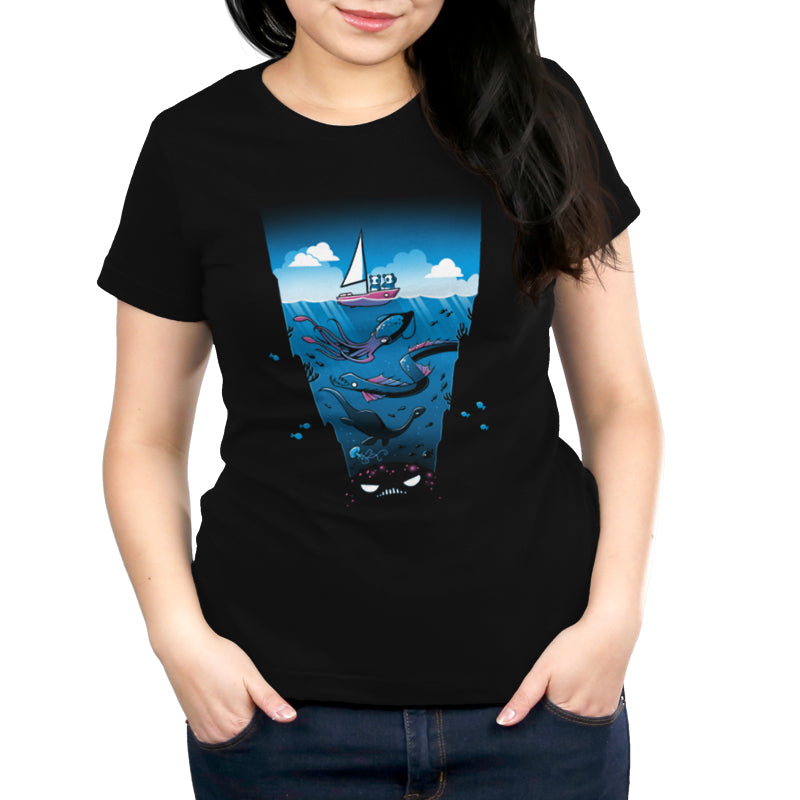 Premium Cotton T-shirt_Teeturtle Nothing to Sea Here Black Featuring two pandas on a sailboat floating over and ocean full of strange, unknown creatures including a giant squid, a sea serpent and a Plesiousaur.