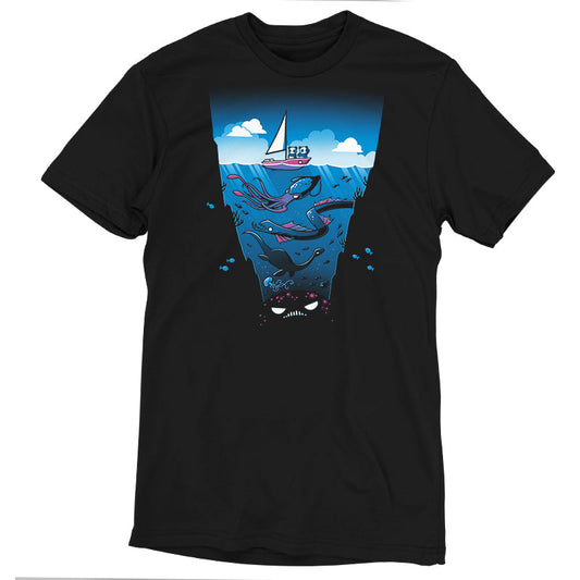 Premium Cotton T-shirt_Teeturtle Nothing to Sea Here Black Featuring two pandas on a sailboat floating over and ocean full of strange, unknown creatures including a giant squid, a sea serpent and a Plesiousaur.