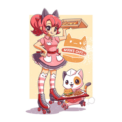 Premium Cotton T-shirt_TeeTurtle Nyan's Cafe white t-shirt featuring a girl in a pink cat-themed costume on roller skates holding a tray of food. Next to her, a cat in a matching outfit and roller skates is also holding a tray of food. The text reads "Nyan's Cafe."