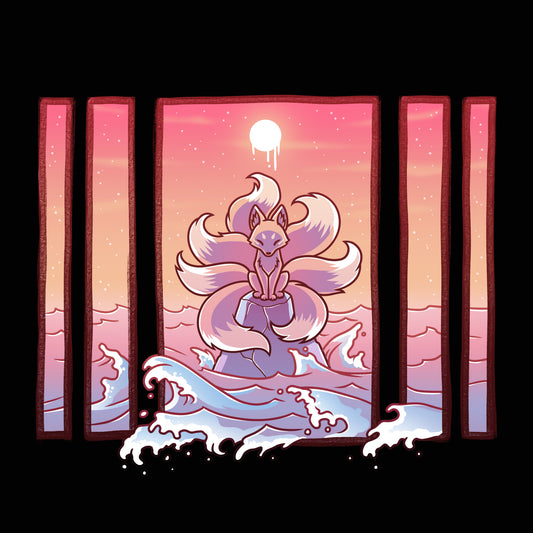 Premium Cotton T-shirt_TeeTurtle Ocean Kitsune black t-shirt featuring an illustrated Ocean kitsune in a nature scene. The kitsune stands on water with waves splashing, framed by five vertical panels against a pink and orange sunset sky with a bright moon above.