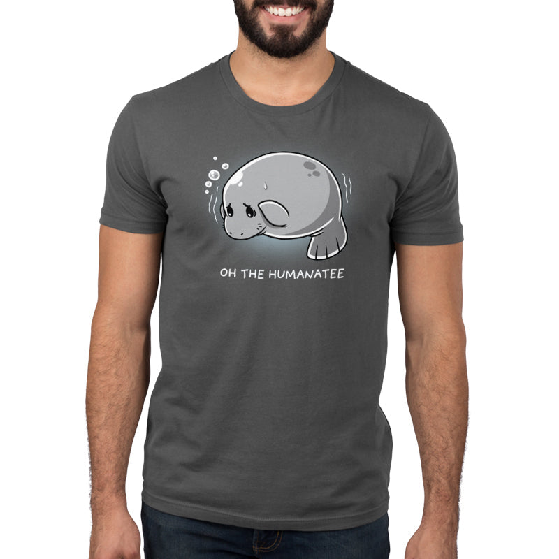 Premium Cotton T-shirt_TeeTurtle Oh The Humanatee charcoal gray t-shirt featuring a manatee with a sad expression and bubbles above its head.
