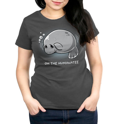 Premium Cotton T-shirt_TeeTurtle Oh The Humanatee charcoal gray t-shirt featuring a manatee with a sad expression and bubbles above its head.
