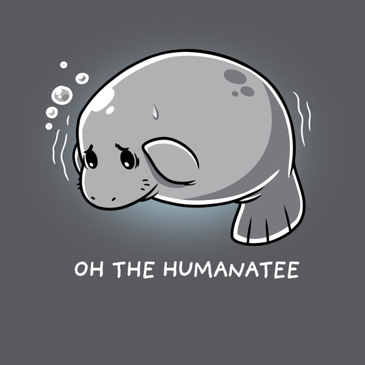 Premium Cotton T-shirt_TeeTurtle Oh The Humanatee charcoal gray t-shirt featuring a manatee with a sad expression and bubbles above its head.