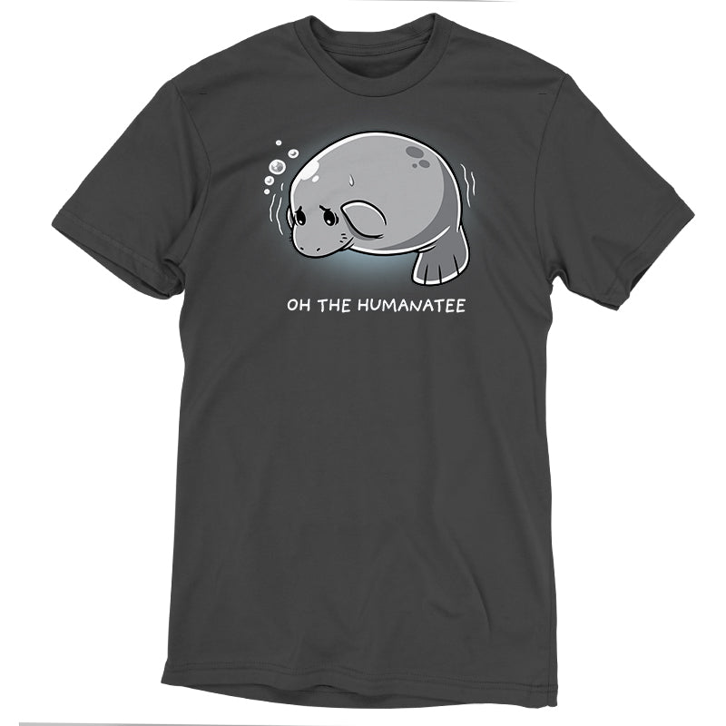 Premium Cotton T-shirt_TeeTurtle Oh The Humanatee charcoal gray t-shirt featuring a manatee with a sad expression and bubbles above its head.