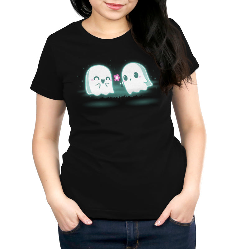 Premium Cotton T-shirt_TeeTurtle One Boo Love black t-shirt featuring two cute kawaii ghost-like Halloween characters are glowing softly in the dark on a black apparel. One ghost is smiling with eyes closed while the other offers a pink flower.